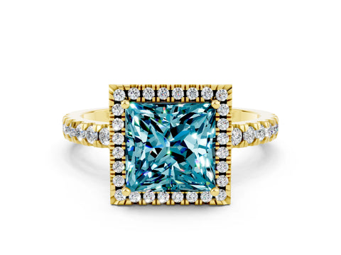 Yellow gold Princess Cut Halo Diamond Pave Band with Prong Setting