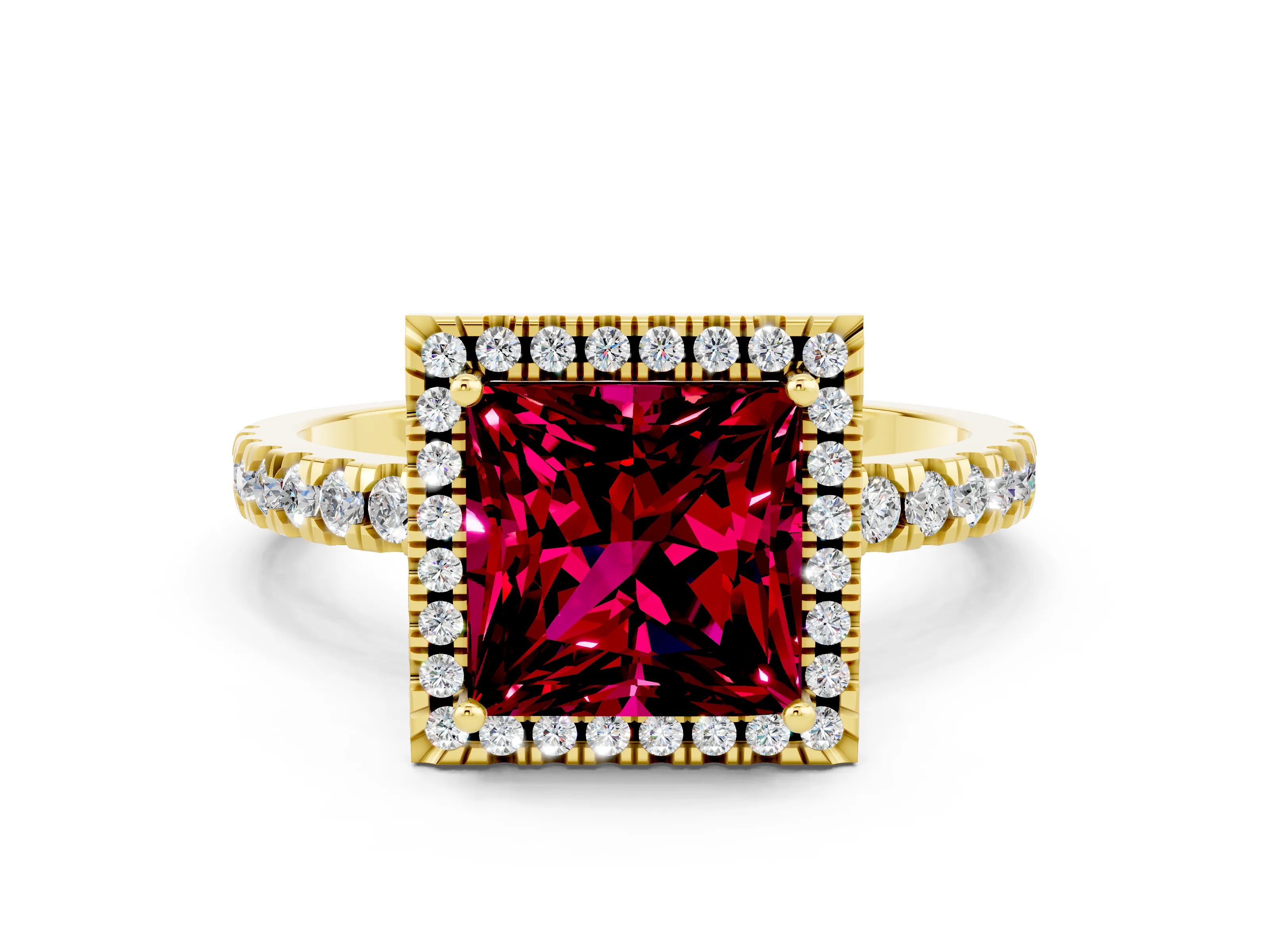 Yellow gold Princess Cut Halo Diamond Pave Band with Prong Setting