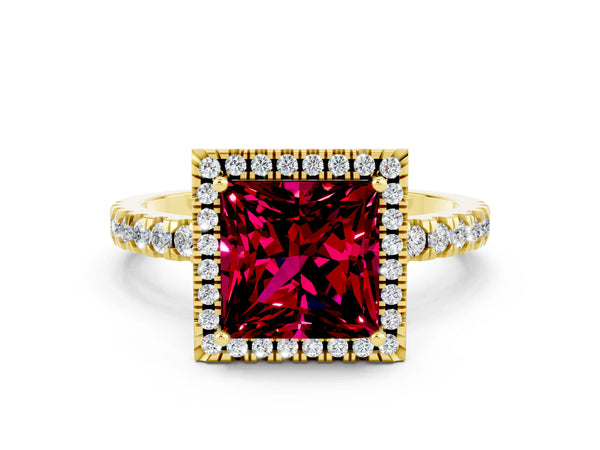Yellow gold Princess Cut Garnet Classic Halo Engagement Ring with Round Pavé Band and Prong Setting