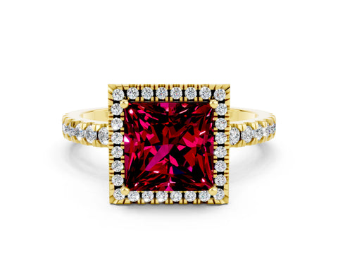 Yellow gold Princess Cut Halo Diamond Pave Band with Prong Setting