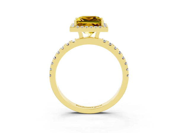 Yellow gold Princess Cut Yellow Sapphire Classic Halo Engagement Ring with Round Pavé Band and Prong Setting