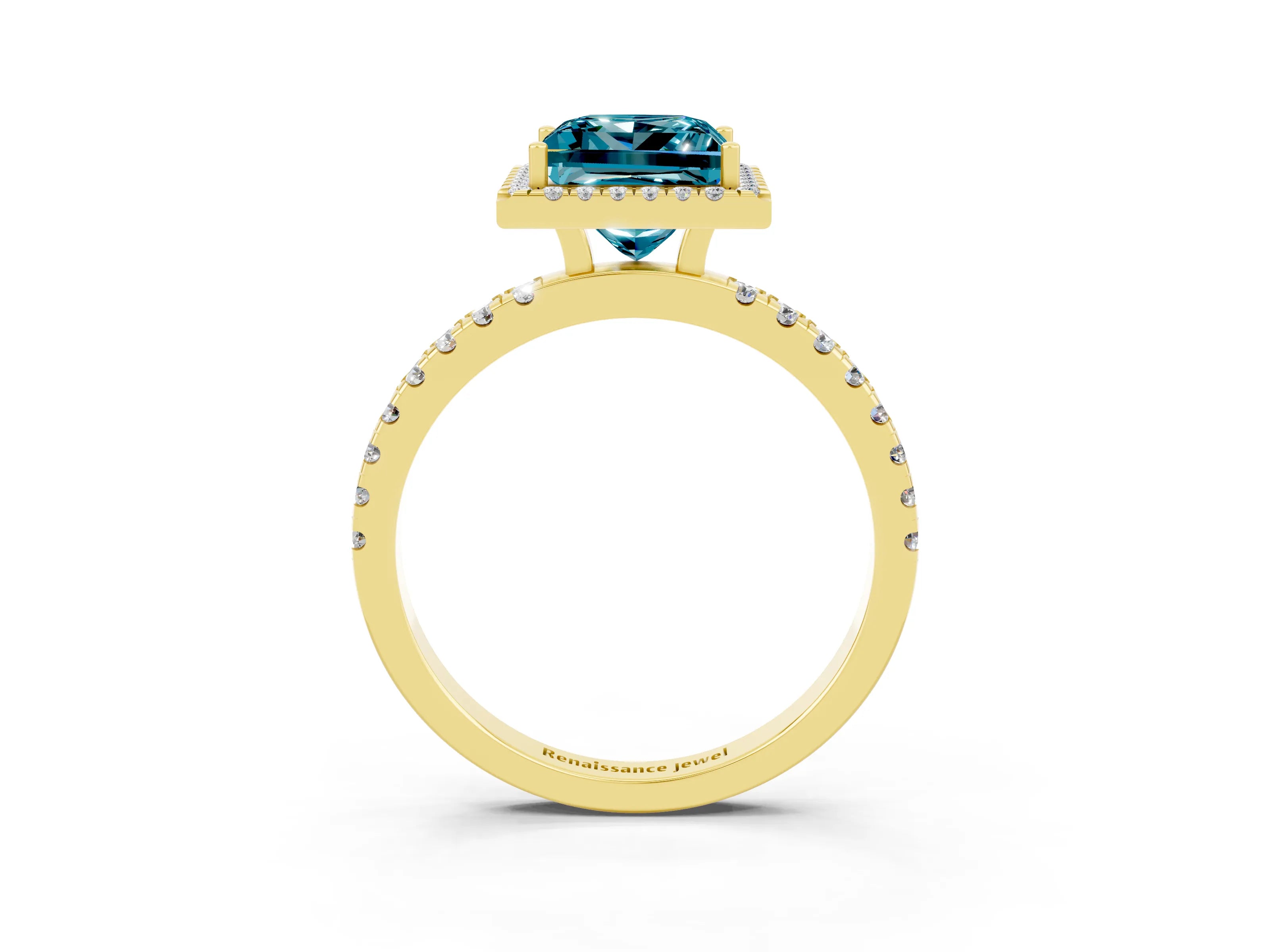 Yellow gold Princess Cut Halo Diamond Pave Band with Prong Setting_3