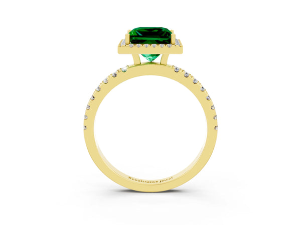 Yellow gold Princess Cut Emerald Classic Halo Engagement Ring with Round Pavé Band and Prong Setting