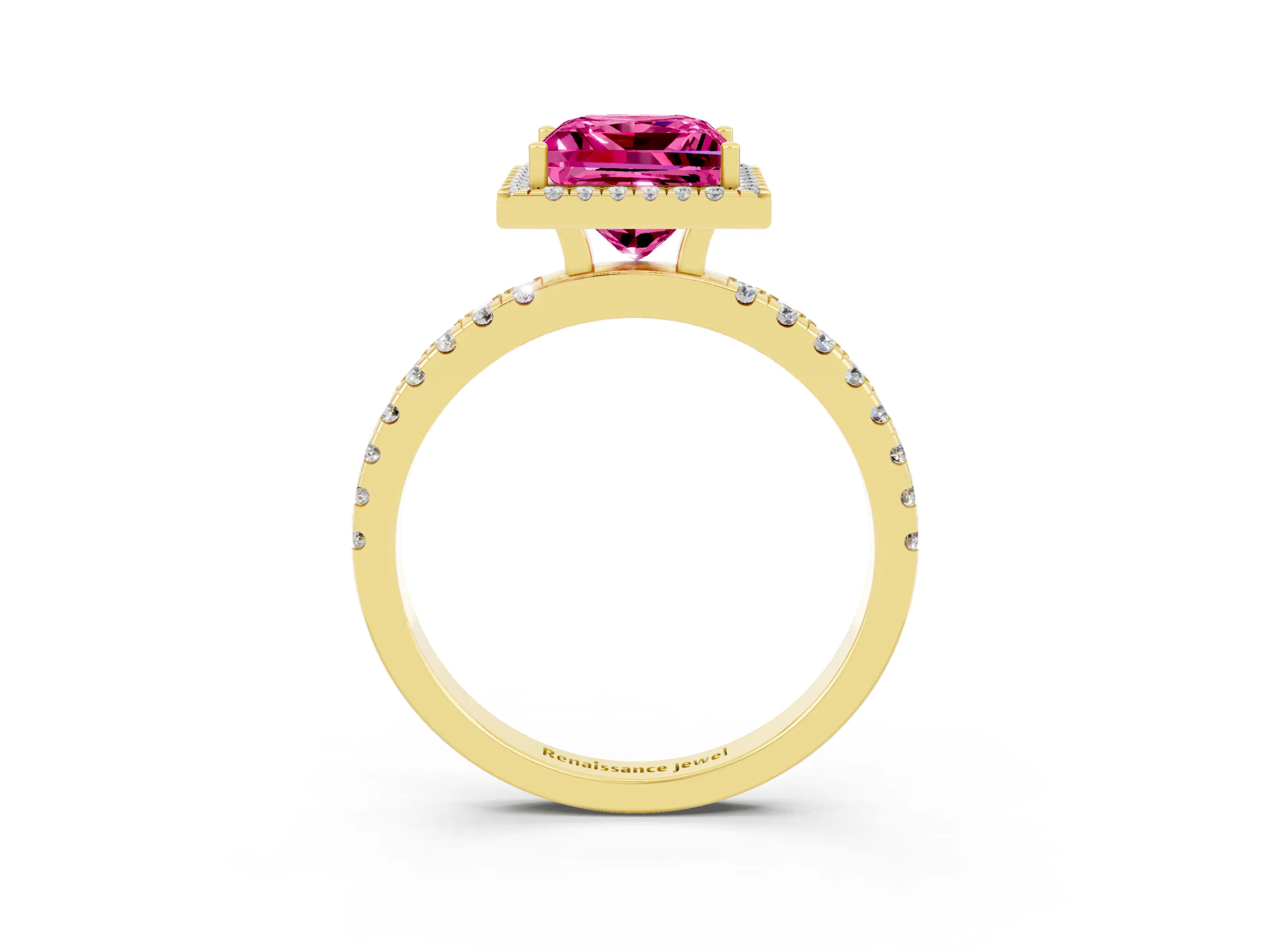 Yellow gold Princess Cut Halo Diamond Pave Band with Prong Setting_3