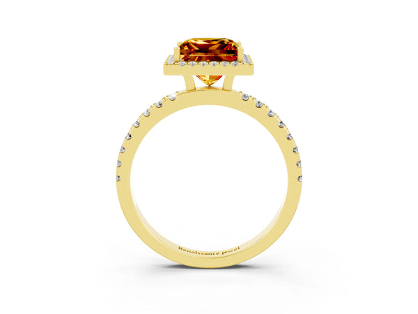Yellow gold Princess Cut Citrine Classic Halo Engagement Ring with Round Pavé Band and Prong Setting