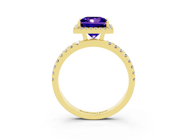 Yellow gold Princess Cut Tanzanite Classic Halo Engagement Ring with Round Pavé Band and Prong Setting