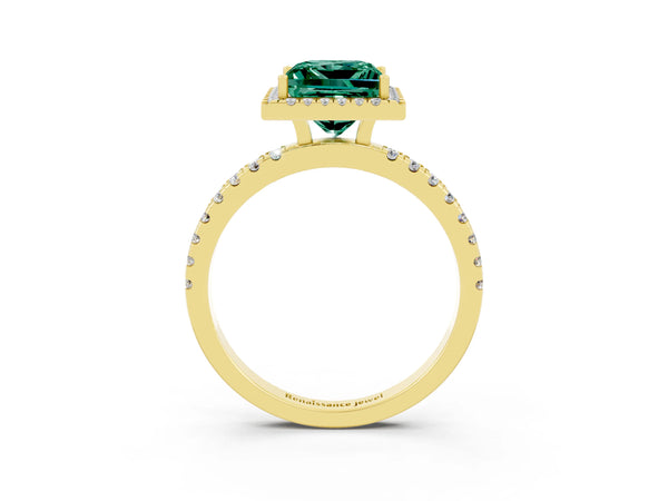 Yellow gold Princess Cut Green Sapphire Classic Halo Engagement Ring with Round Pavé Band and Prong Setting