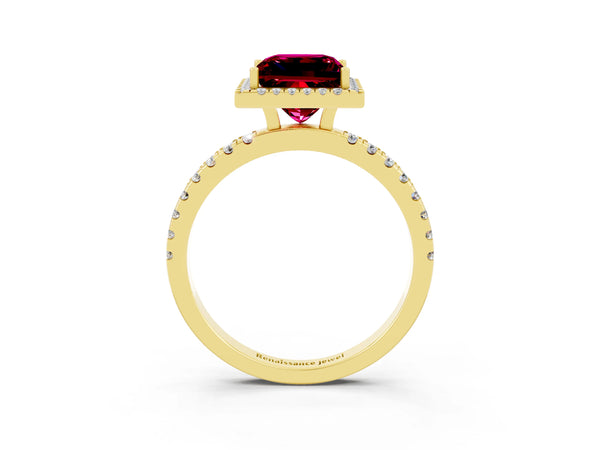 Yellow gold Princess Cut Garnet Classic Halo Engagement Ring with Round Pavé Band and Prong Setting