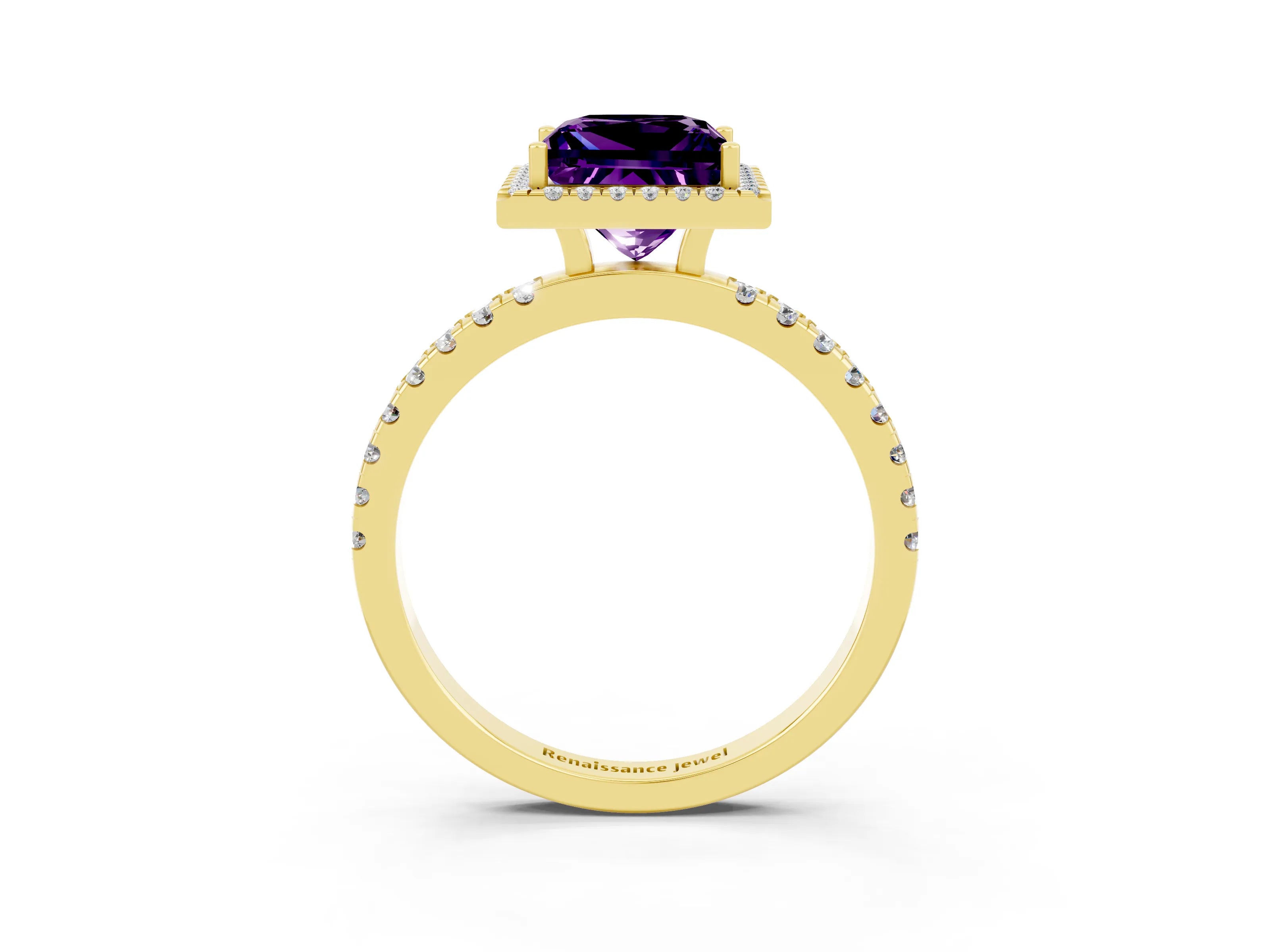 Yellow gold Princess Cut Halo Diamond Pave Band with Prong Setting_3