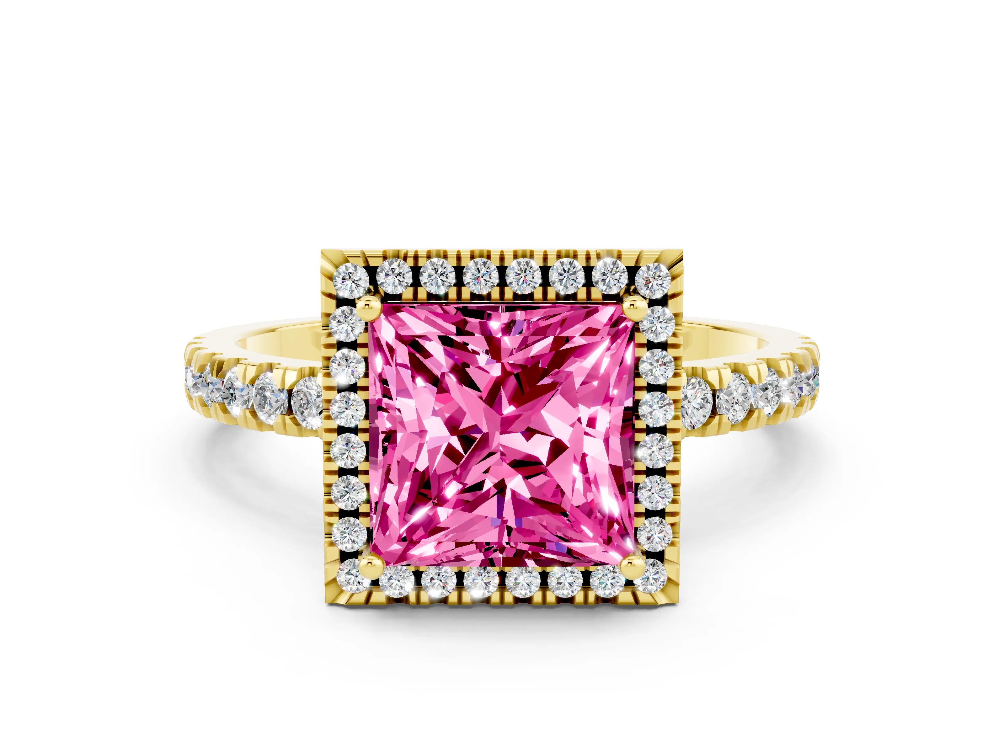 Yellow gold Princess Cut Halo Diamond Pave Band with Prong Setting