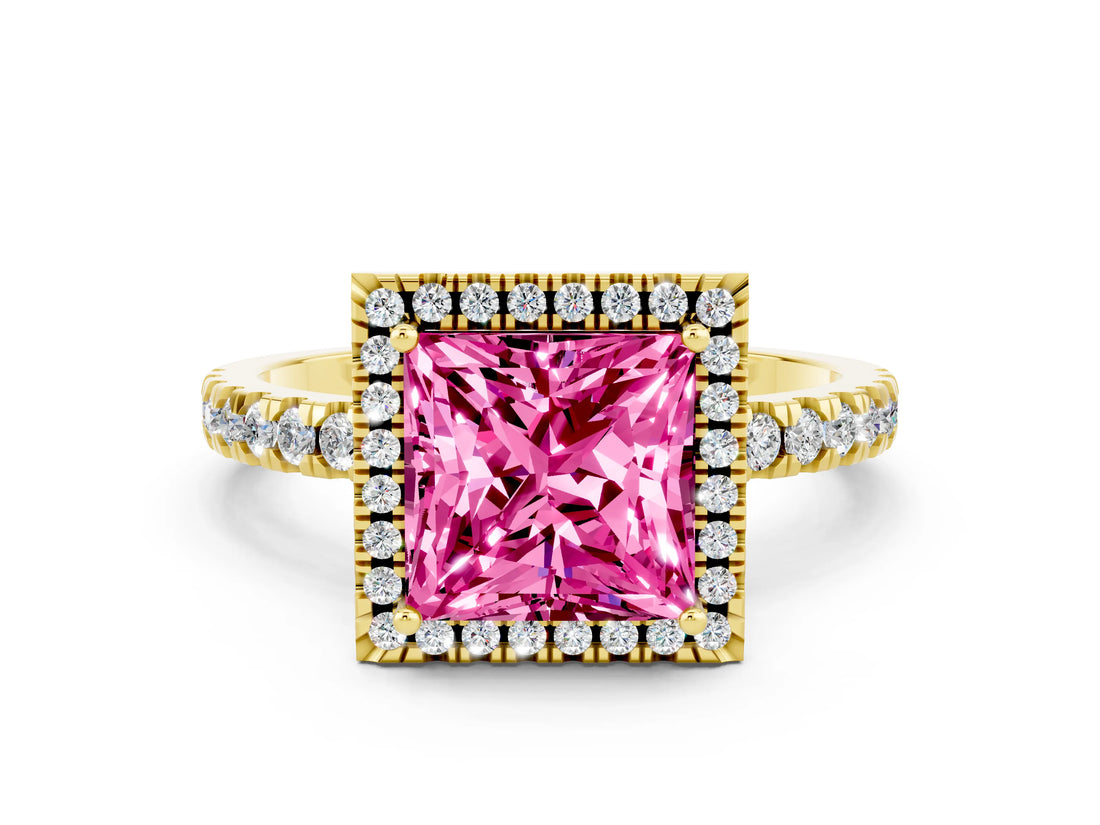 Yellow gold Princess Cut Halo Diamond Pave Band with Prong Setting