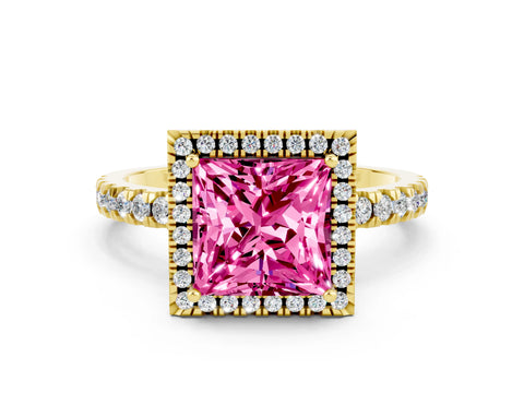 Yellow gold Princess Cut Halo Diamond Pave Band with Prong Setting