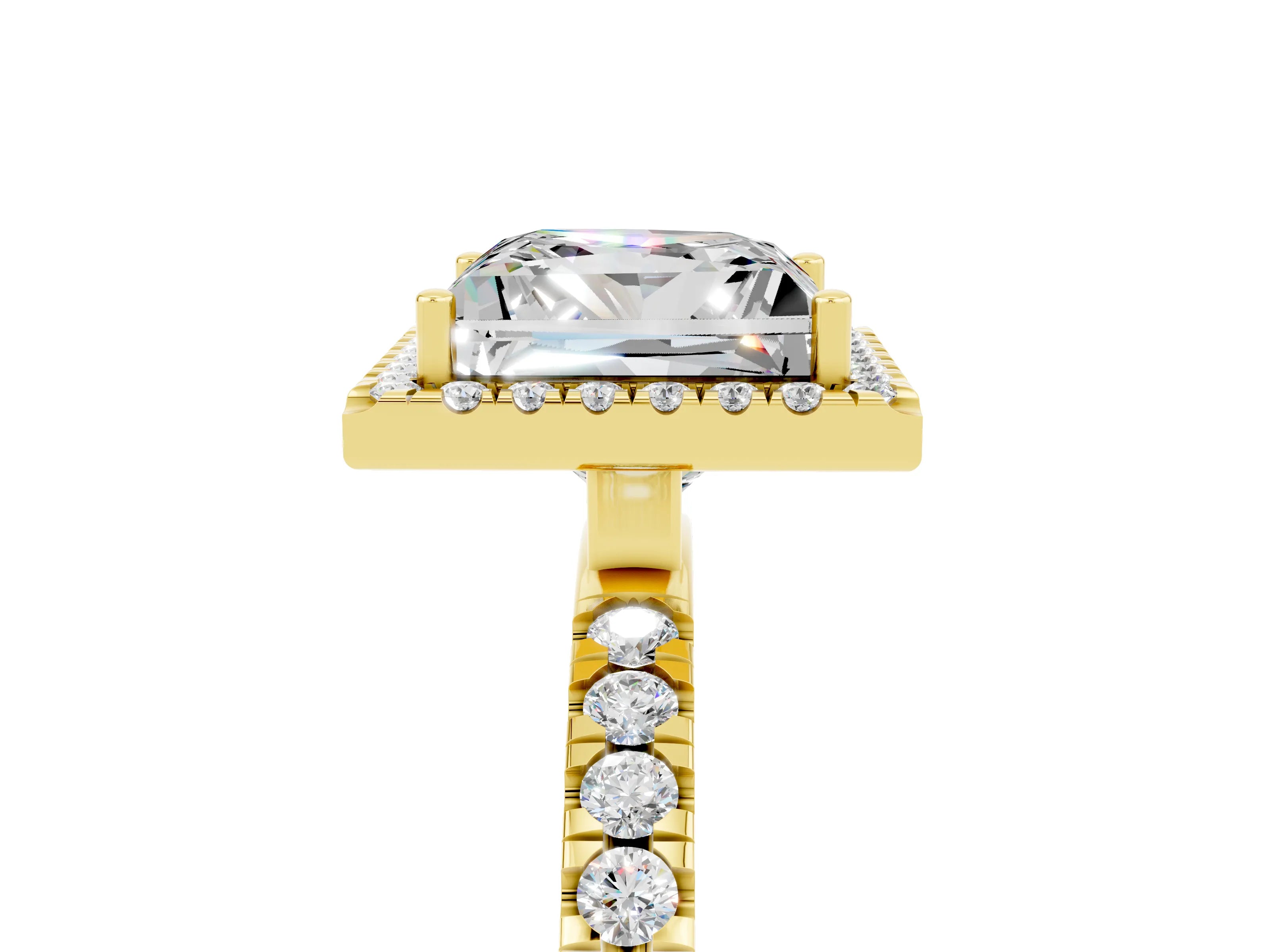 Yellow gold Princess Cut Halo Diamond Pave Band with Prong Setting_5