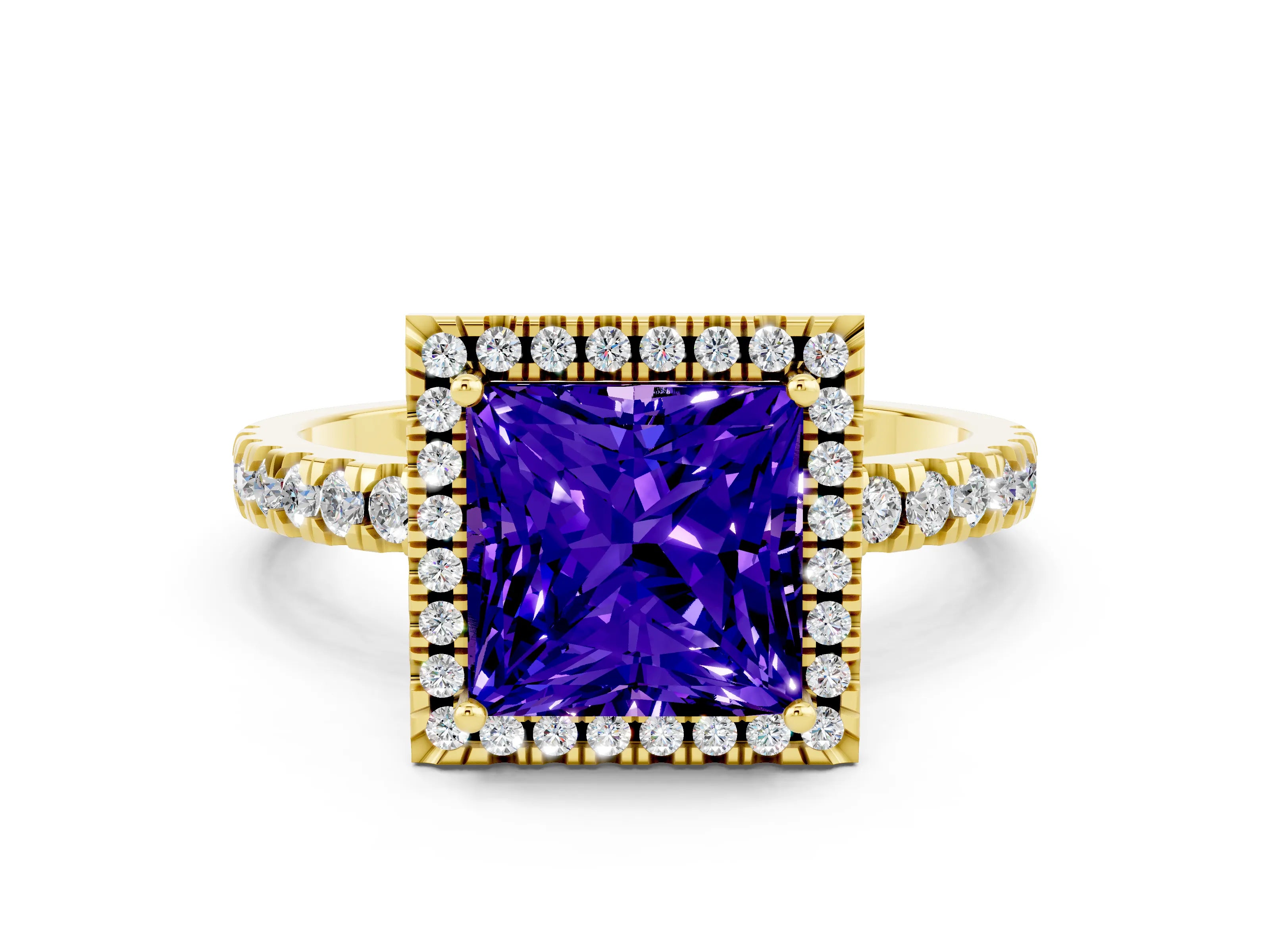 Yellow gold Princess Cut Halo Diamond Pave Band with Prong Setting