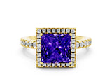 Yellow gold Princess Cut Halo Diamond Pave Band with Prong Setting