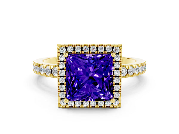 Yellow gold Princess Cut Tanzanite Classic Halo Engagement Ring with Round Pavé Band and Prong Setting