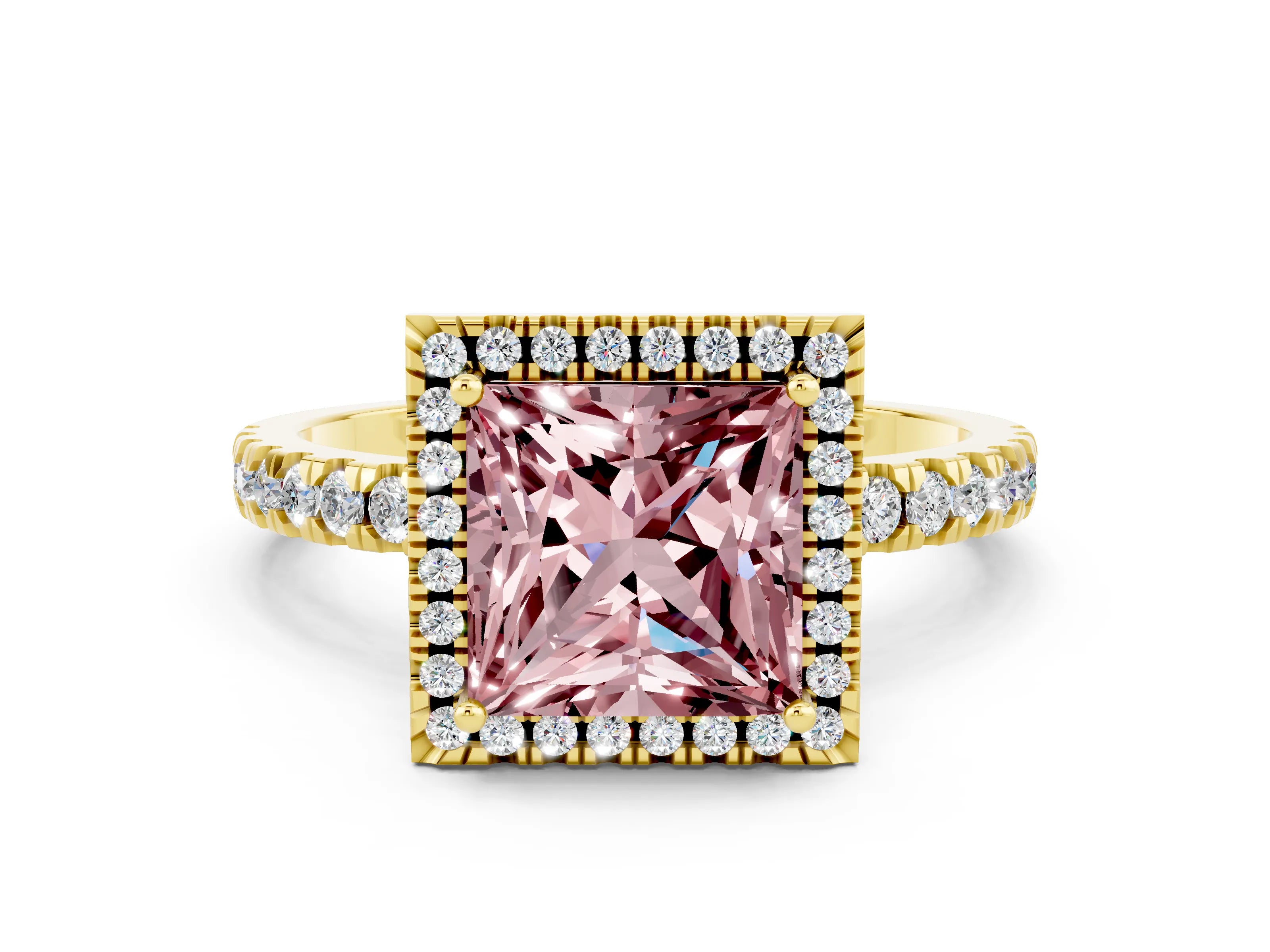 Yellow gold Princess Cut Halo Diamond Pave Band with Prong Setting