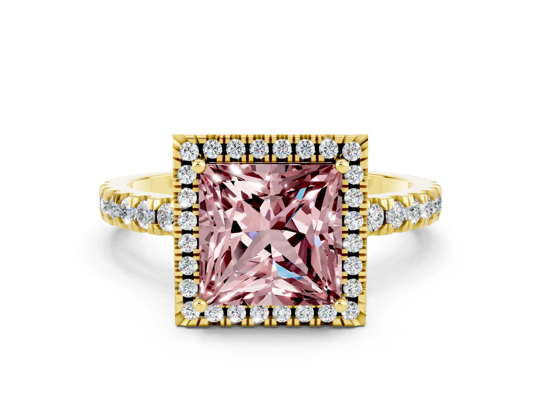 Yellow gold Princess Cut Halo Diamond Pave Band with Prong Setting