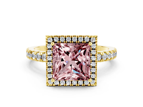Yellow gold Princess Cut Halo Diamond Pave Band with Prong Setting