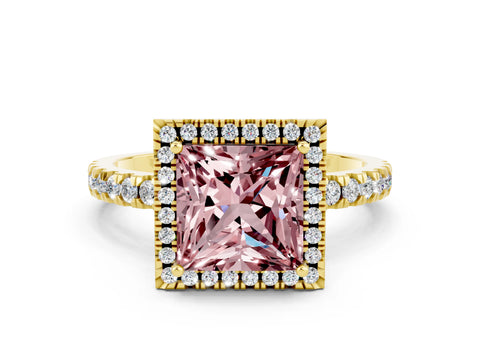 Yellow gold Princess Cut Halo Diamond Pave Band with Prong Setting