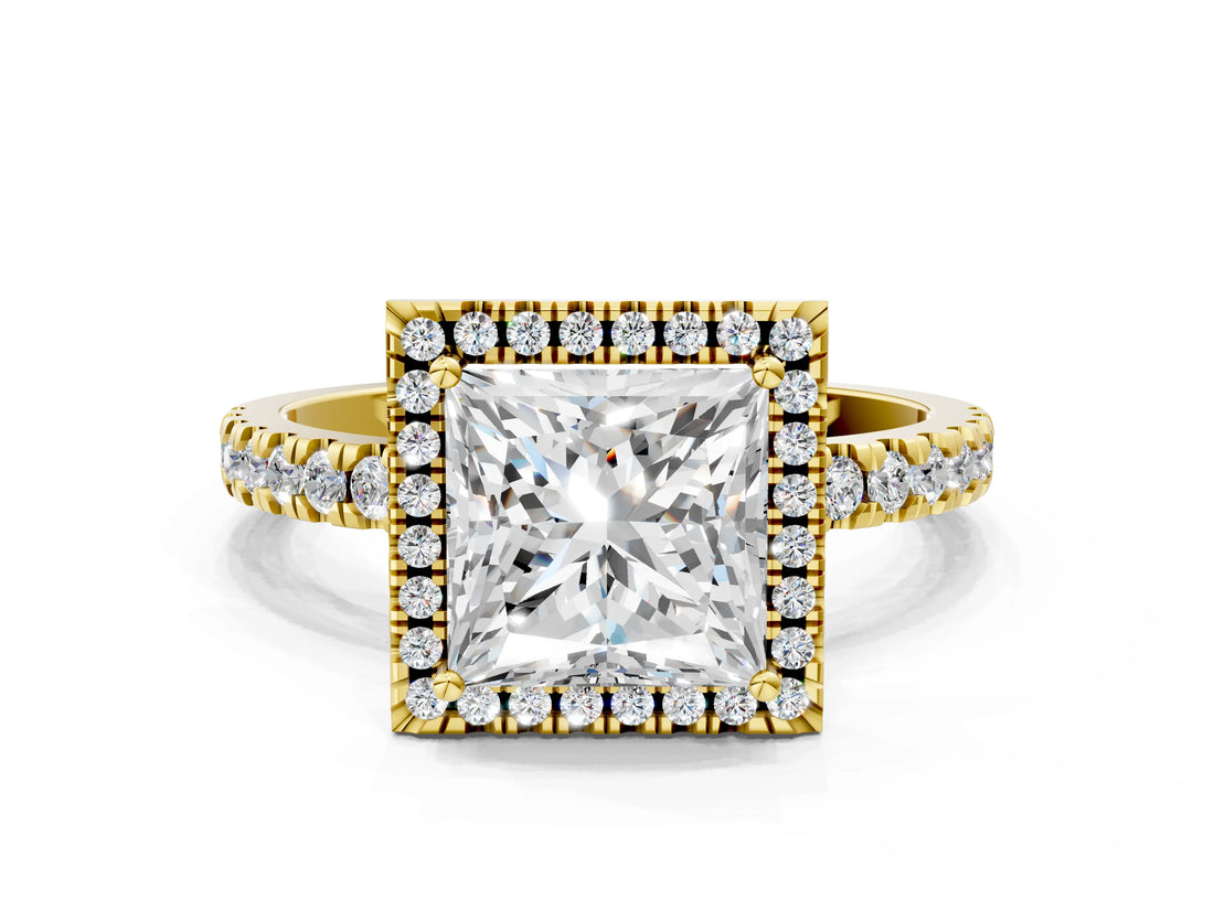 Yellow gold Princess Cut Halo Diamond Pave Band with Prong Setting_8