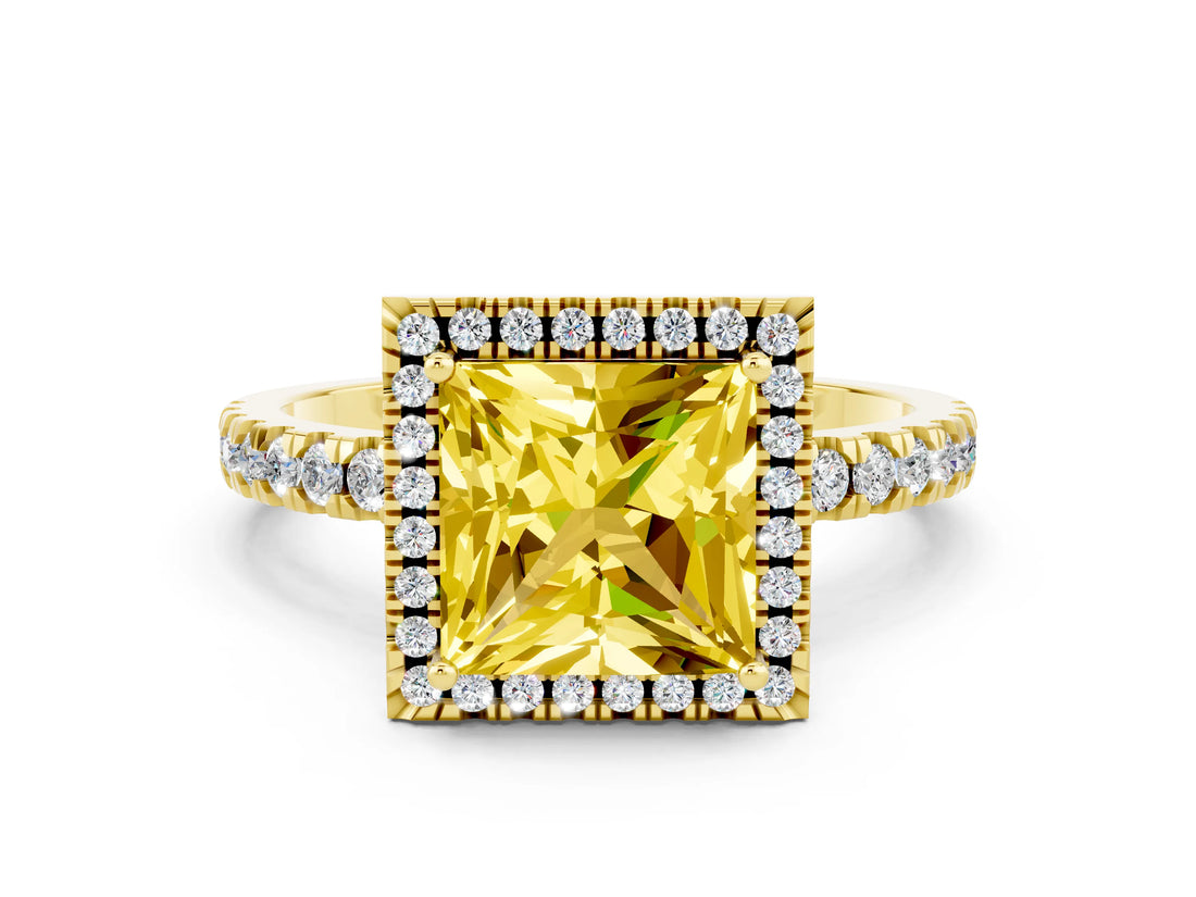 Yellow gold Princess Cut Halo Diamond Pave Band with Prong Setting