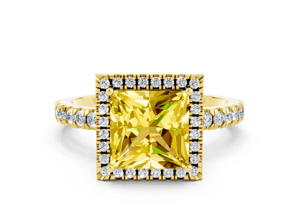 Yellow gold Princess Cut Yellow Sapphire Classic Halo Engagement Ring with Round Pavé Band and Prong Setting