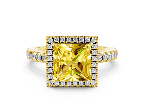 Yellow gold Princess Cut Halo Diamond Pave Band with Prong Setting