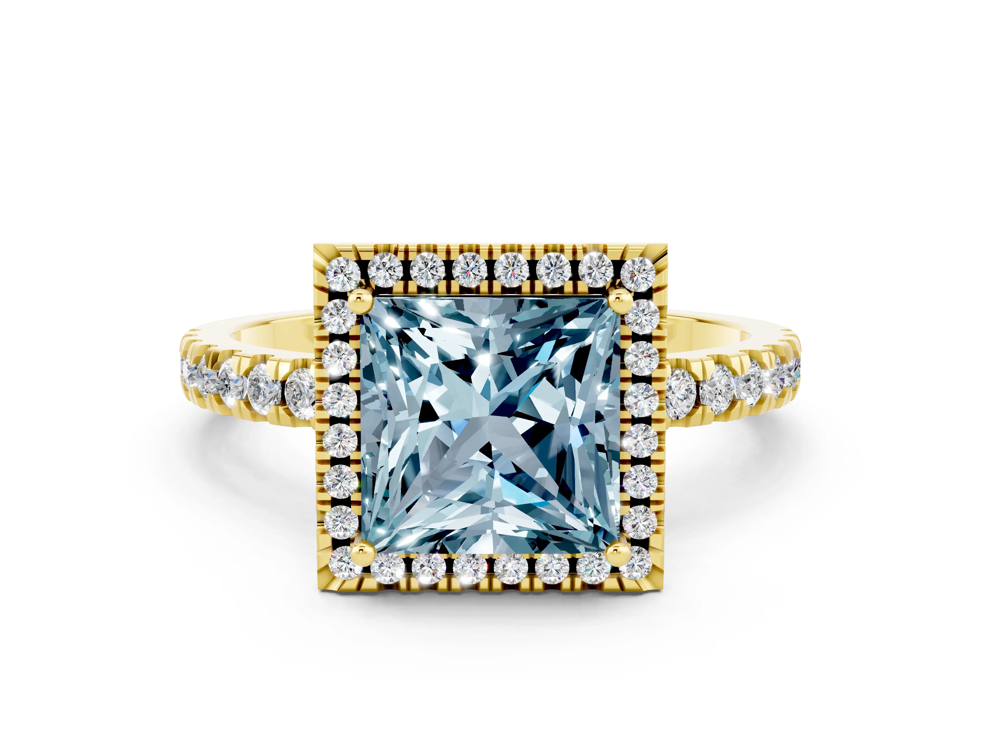 Yellow gold Princess Cut Halo Diamond Pave Band with Prong Setting