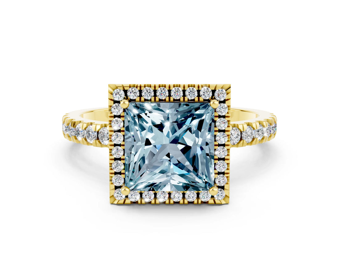 Yellow gold Princess Cut Halo Diamond Pave Band with Prong Setting