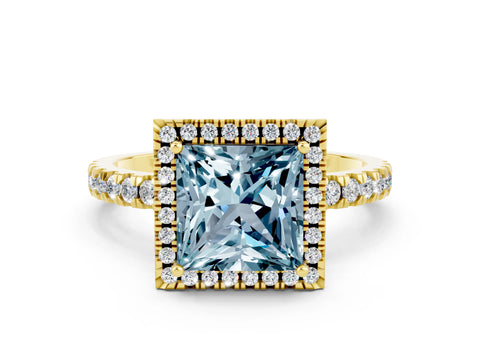 Yellow gold Princess Cut Halo Diamond Pave Band with Prong Setting
