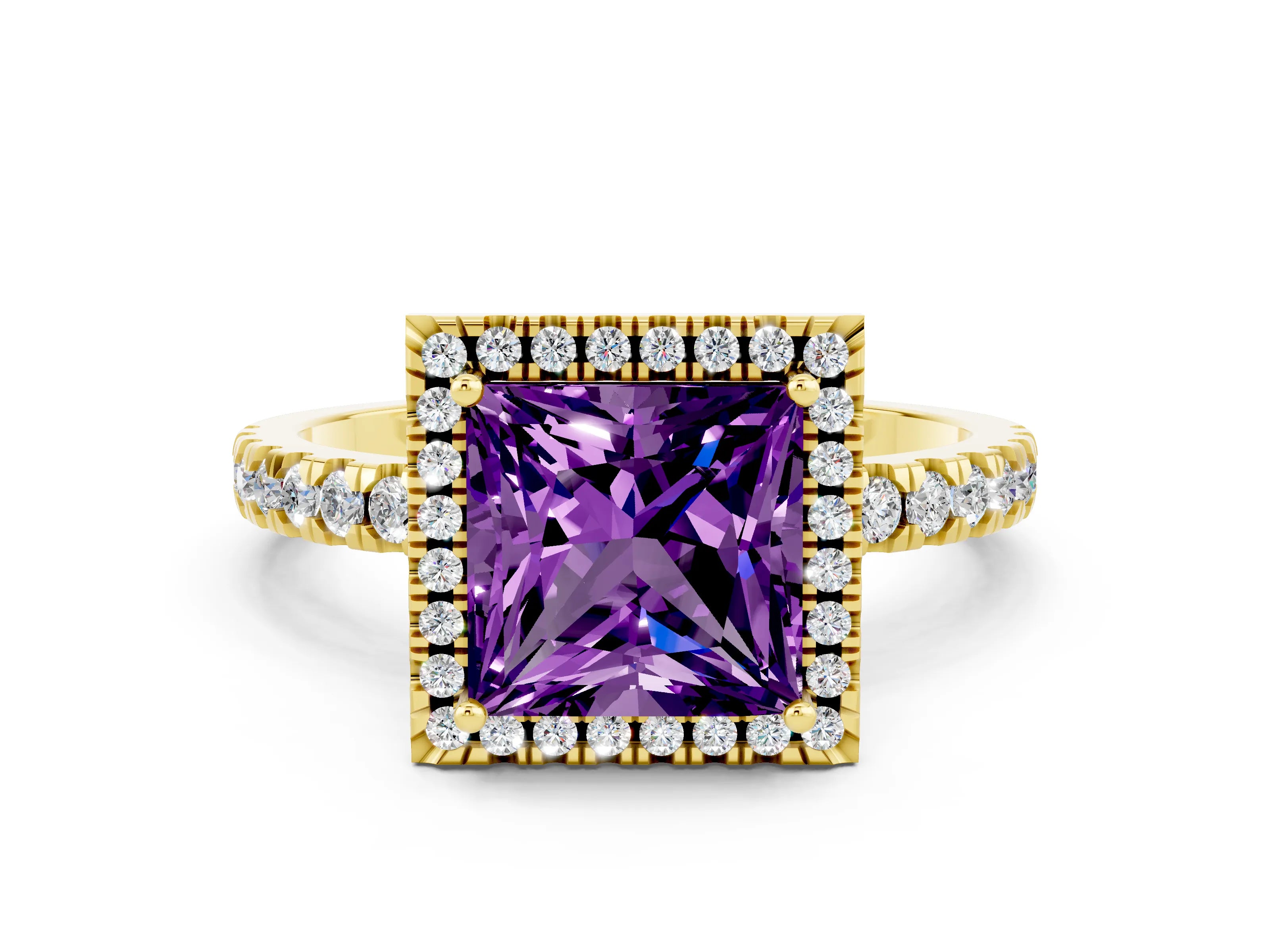 Yellow gold Princess Cut Halo Diamond Pave Band with Prong Setting