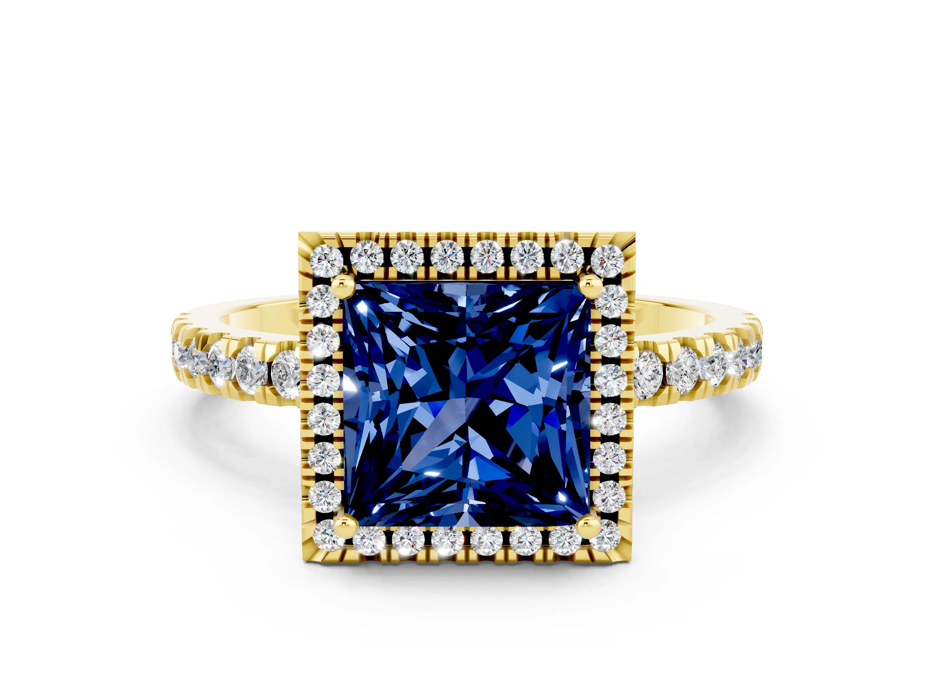 Yellow gold Princess Cut Halo Diamond Pave Band with Prong Setting