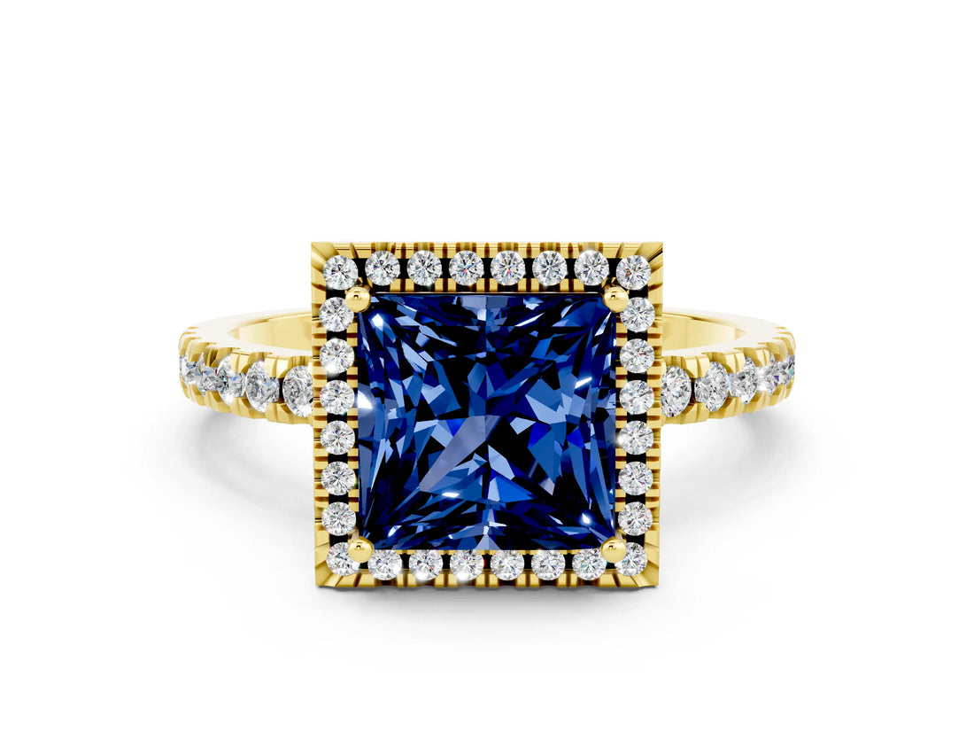 Yellow gold Princess Cut Halo Diamond Pave Band with Prong Setting