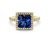 Yellow gold Princess Cut Halo Diamond Pave Band with Prong Setting