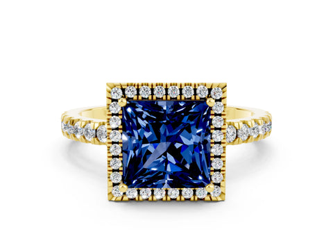Yellow gold Princess Cut Halo Diamond Pave Band with Prong Setting