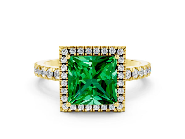 Yellow gold Princess Cut Emerald Classic Halo Engagement Ring with Round Pavé Band and Prong Setting