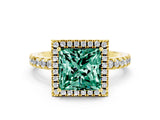 Yellow gold Princess Cut Halo Diamond Pave Band with Prong Setting
