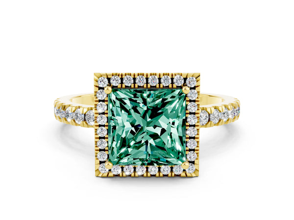 Yellow gold Princess Cut Green Sapphire Classic Halo Engagement Ring with Round Pavé Band and Prong Setting