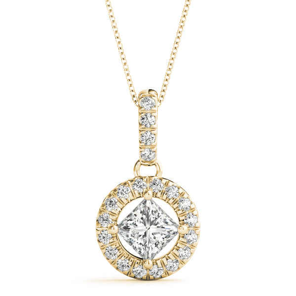 Yellow gold Princess Cut Halo Diamond Pendant with Four-Prong Setting