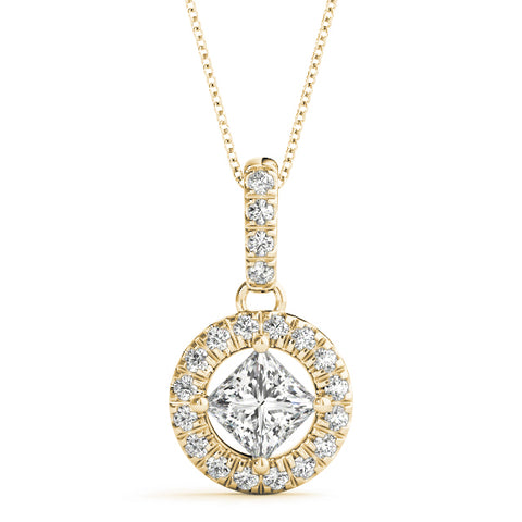 Yellow gold Princess Cut Halo Diamond Pendant with Four-Prong Setting