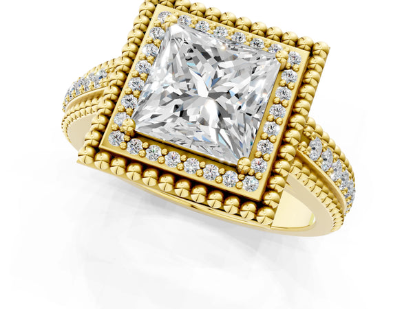 Yellow Gold Princess Cut Beaded Halo Engagement Ring Setting with Pave
