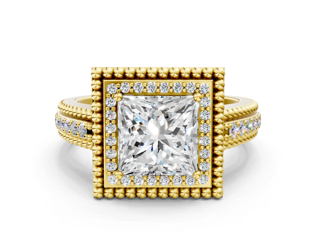 Yellow gold Princess Cut Halo Diamond Ring with Beaded Split Shank and Four-Prong Setting_9