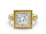 Yellow gold Princess Cut Halo Diamond Ring with Beaded Split Shank and Four-Prong Setting_9