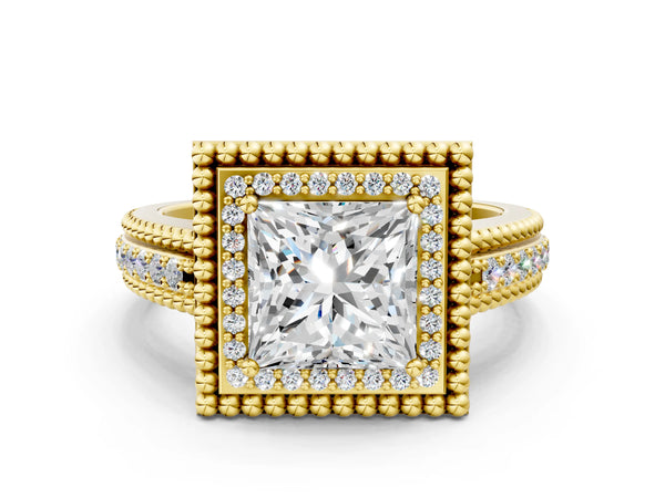 Yellow Gold Princess Cut Beaded Halo Engagement Ring Setting with Pave