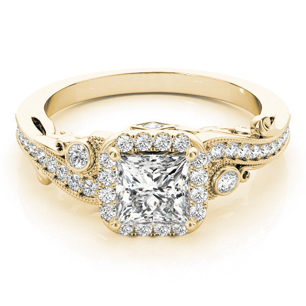 Yellow gold Princess Cut Halo Diamond Ring with Milgrain Pave Band and Four-Prong Setting 1
