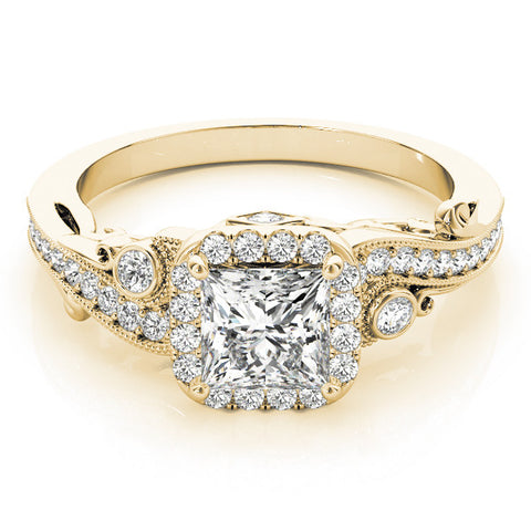 Yellow gold Princess Cut Halo Diamond Ring with Milgrain Pave Band and Four-Prong Setting 1