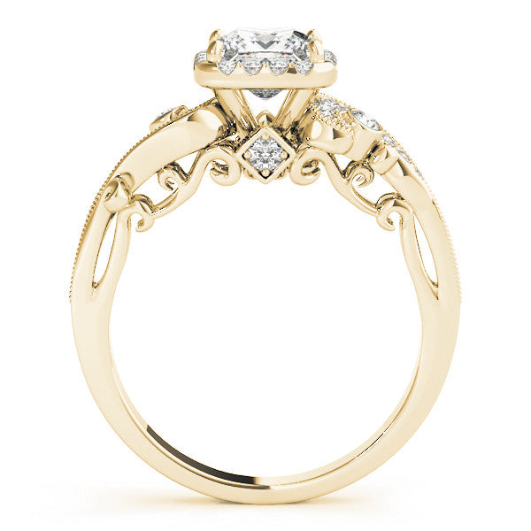 Yellow gold Princess Cut Halo Diamond Ring with Milgrain Pave Band and Four-Prong Setting 2