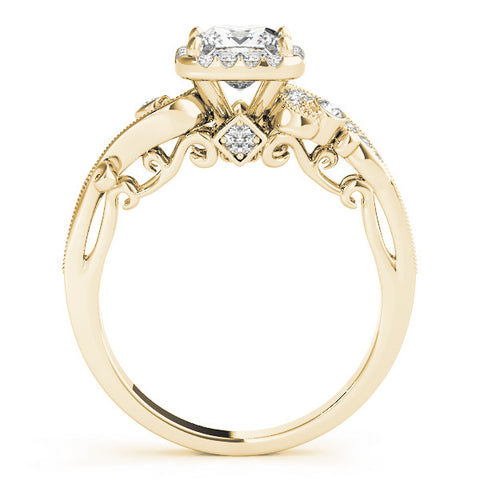 Yellow gold Princess Cut Halo Diamond Ring with Milgrain Pave Band and Four-Prong Setting 2