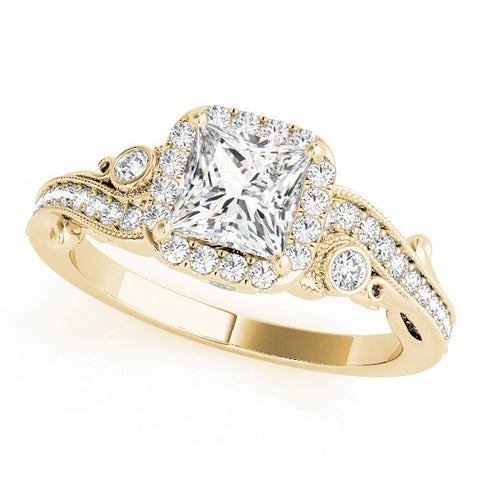 Yellow gold Princess Cut Halo Diamond Ring with Milgrain Pave Band and Four-Prong Setting